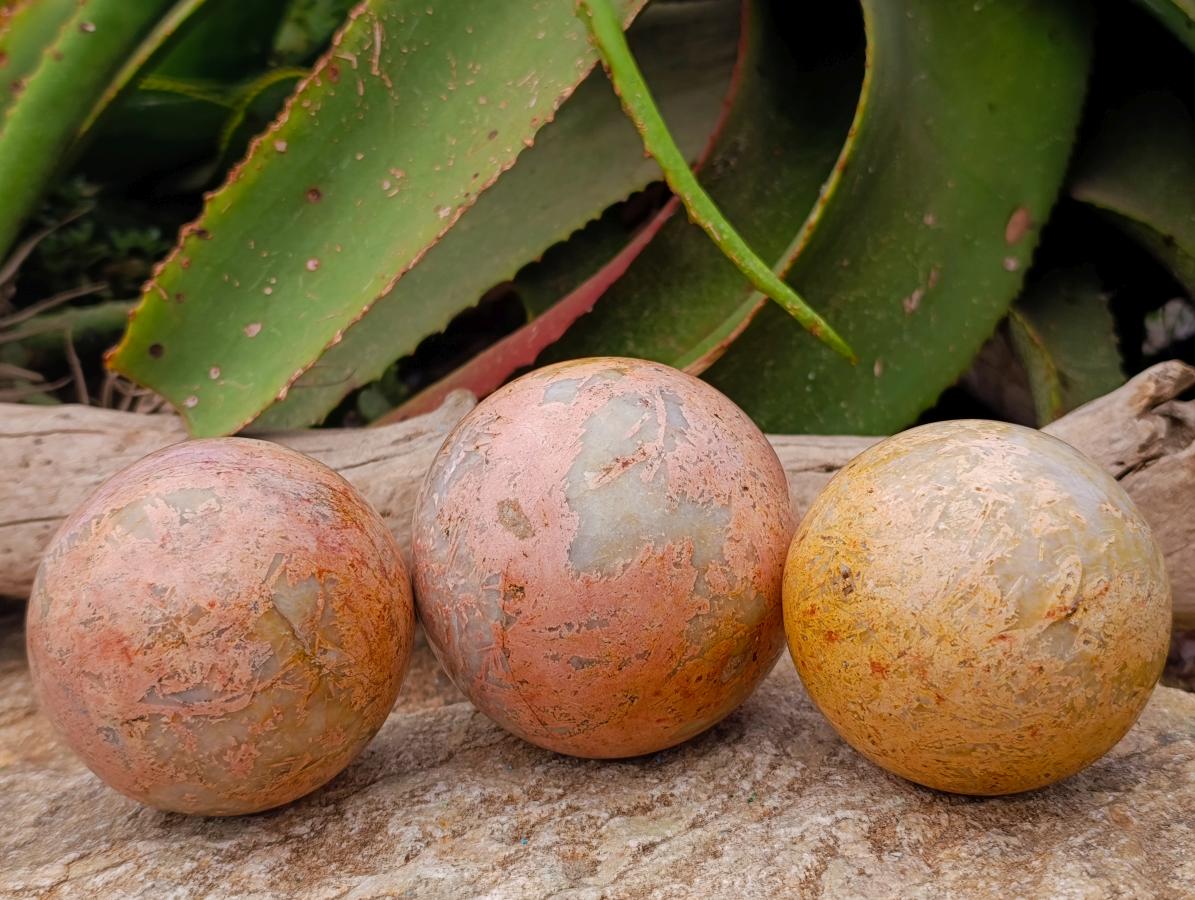 Polished Peach Moonstone Spheres x 3 From Madagascar