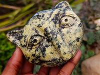 Hand Made Leopard Stone Cat Face Carvings x 3 From Zimbabwe