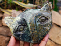 Hand Made Leopard Stone Cat Face Carvings x 3 From Zimbabwe