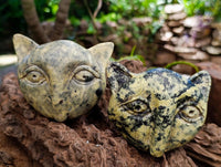 Hand Made Leopard Stone Cat Face Carvings x 3 From Zimbabwe