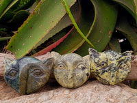 Hand Made Leopard Stone Cat Face Carvings x 3 From Zimbabwe