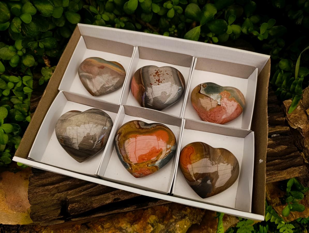 Polished Polychrome Jasper Hearts x 6 From NW Coast, Madagascar