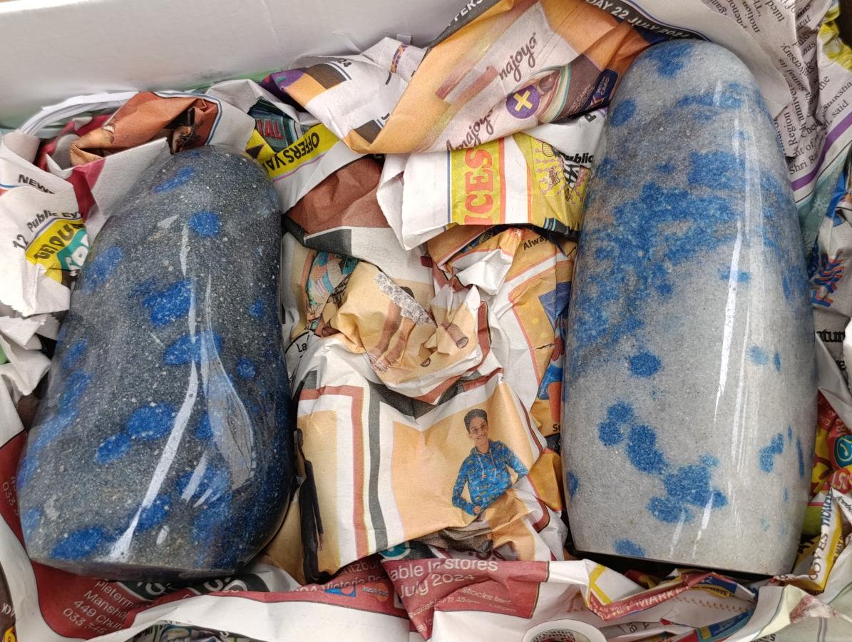 Polished Blue Spotted Spinel in Quartz Standing Free Forms x 2 From Madagascar