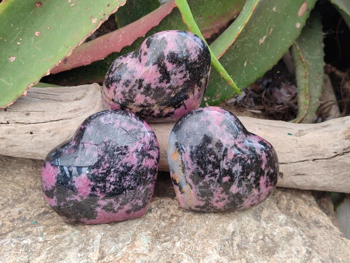 Polished Large Rhodonite Hearts x 3 From Ambindavato, Madagascar