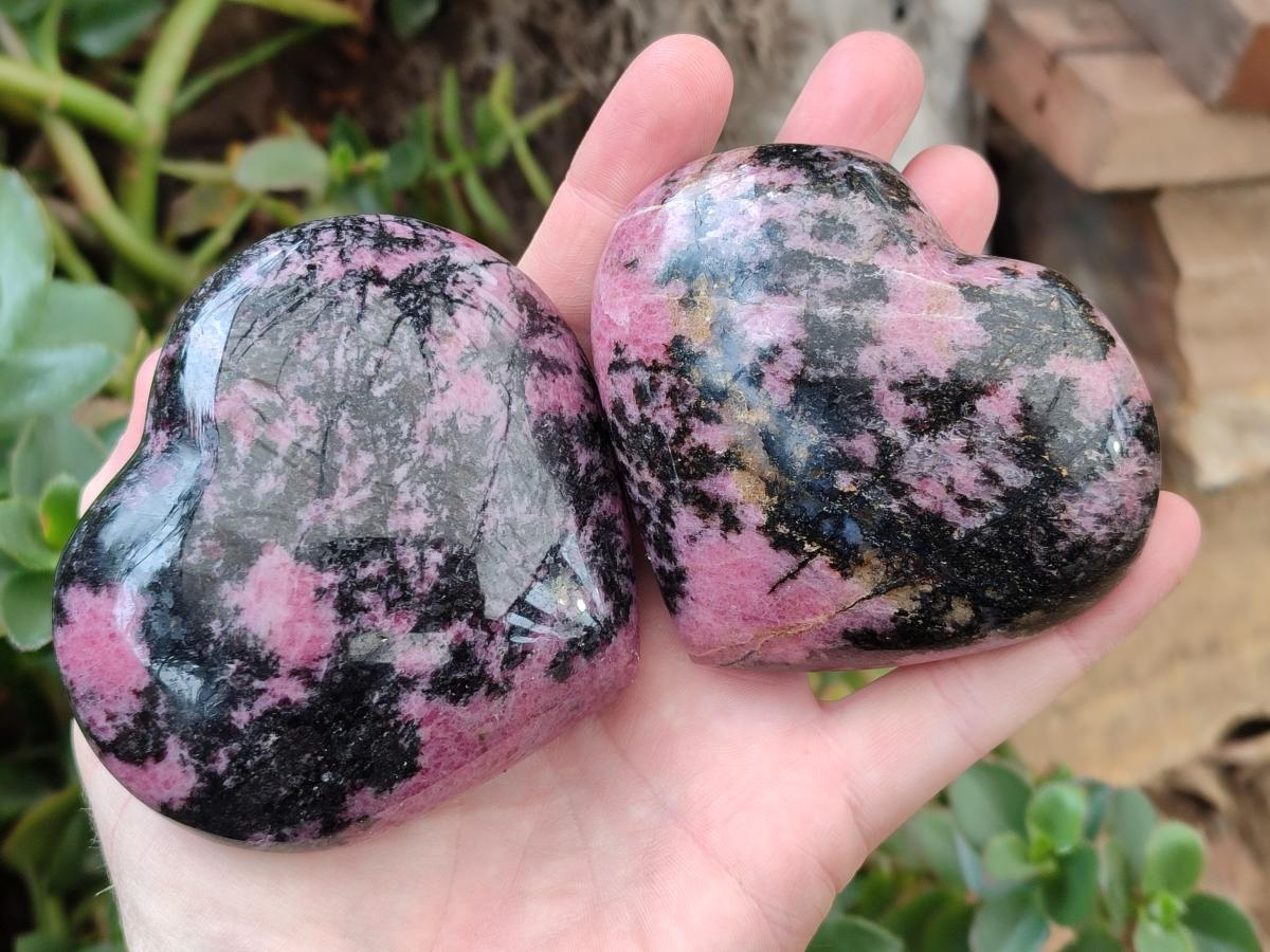 Polished Large Rhodonite Hearts x 3 From Ambindavato, Madagascar