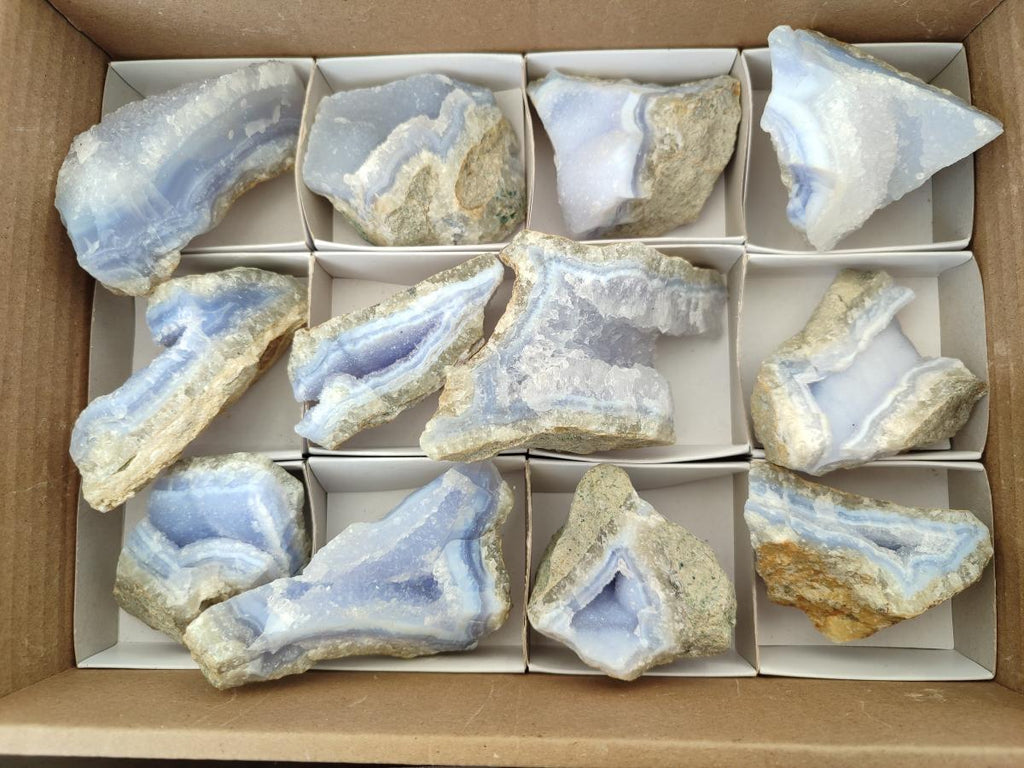 Natural Blue Lace Agate Geode Specimens x 12 From Nsanje, Malawi