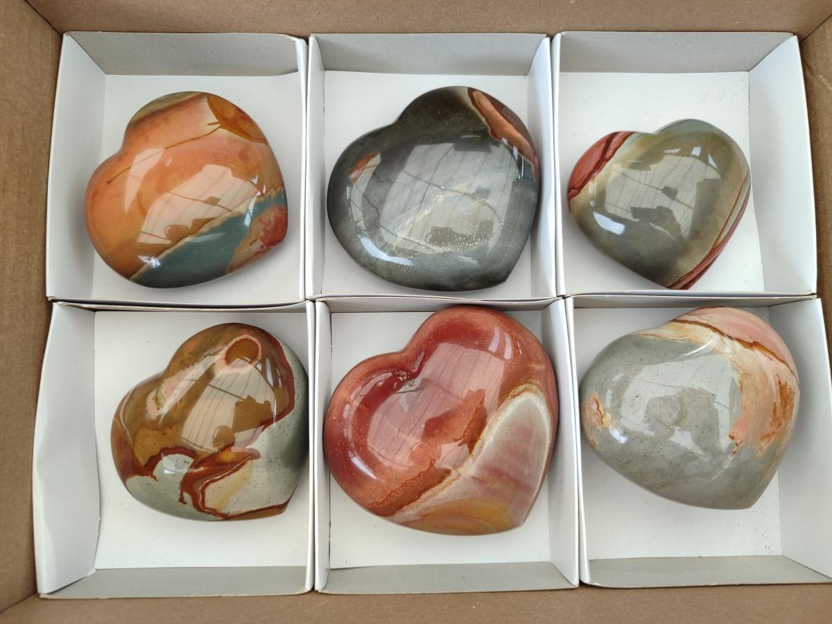 Polished Polychrome Jasper Hearts x 6 From NW Coast, Madagascar