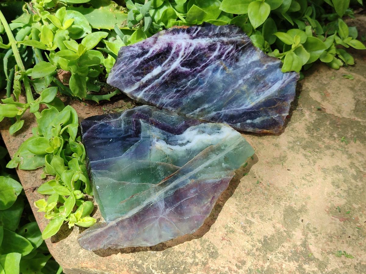 Polished On One Side Watermelon Fluorite Specimens x 3 From Uis, Namibia