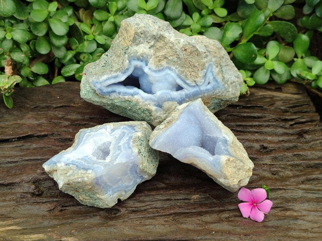 Natural Blue Lace Agate Geode Specimens x 3 From Nsanje, Malawi