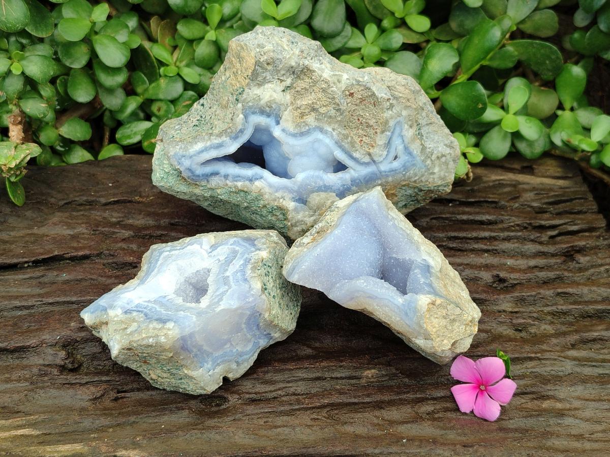 Natural Blue Lace Agate Geode Specimens x 3 From Nsanje, Malawi