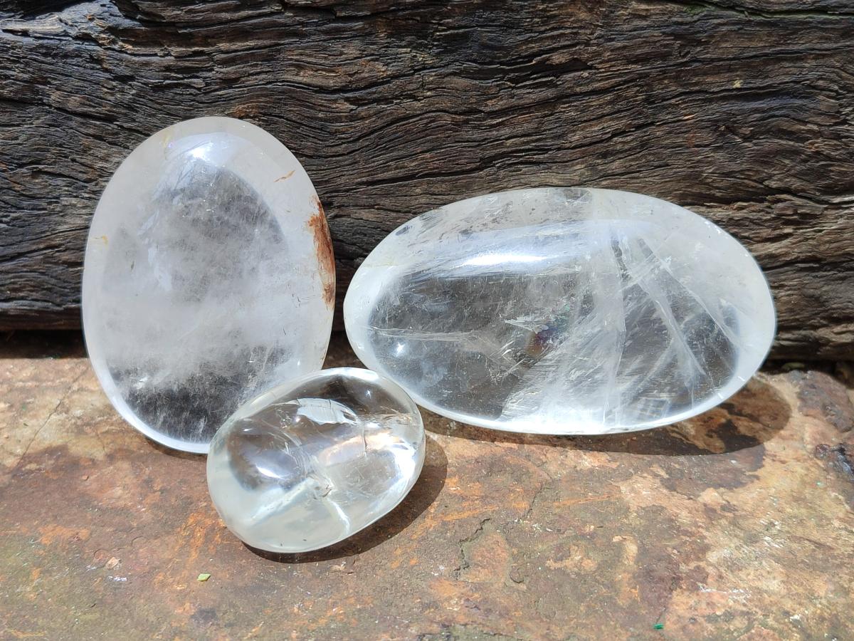 Polished Mix of Rock Crystal and Girasol Pearl Palm Stones x 15 From Ambatondrazaka Madagascar