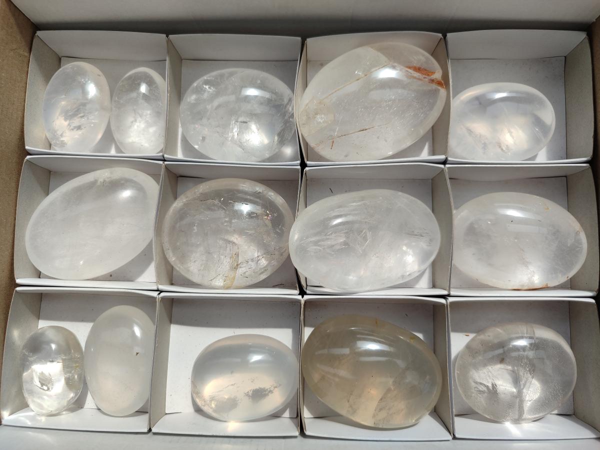 Polished Mix of Rock Crystal and Girasol Pearl Palm Stones x 15 From Ambatondrazaka Madagascar