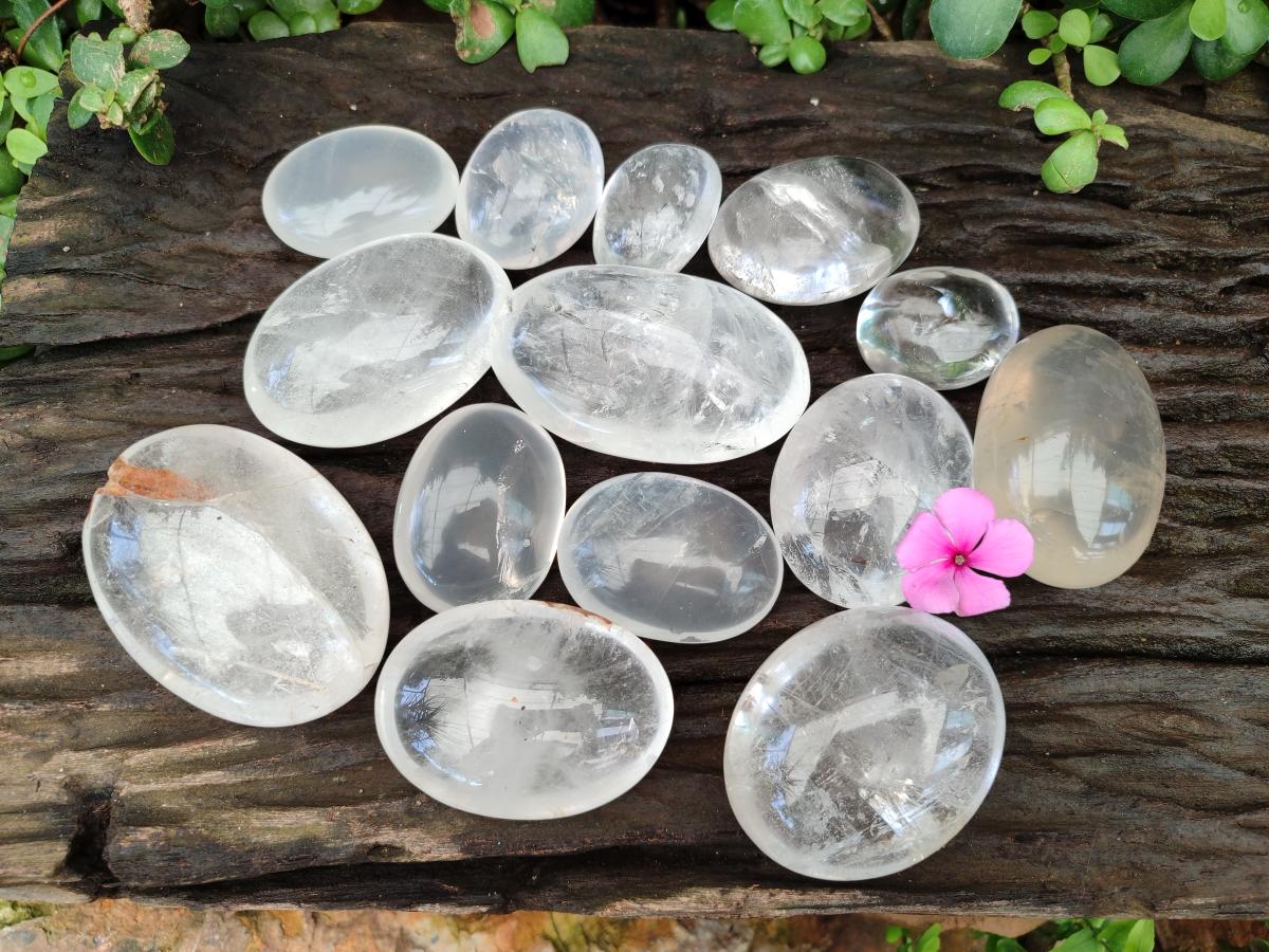 Polished Mix of Rock Crystal and Girasol Pearl Palm Stones x 15 From Ambatondrazaka Madagascar