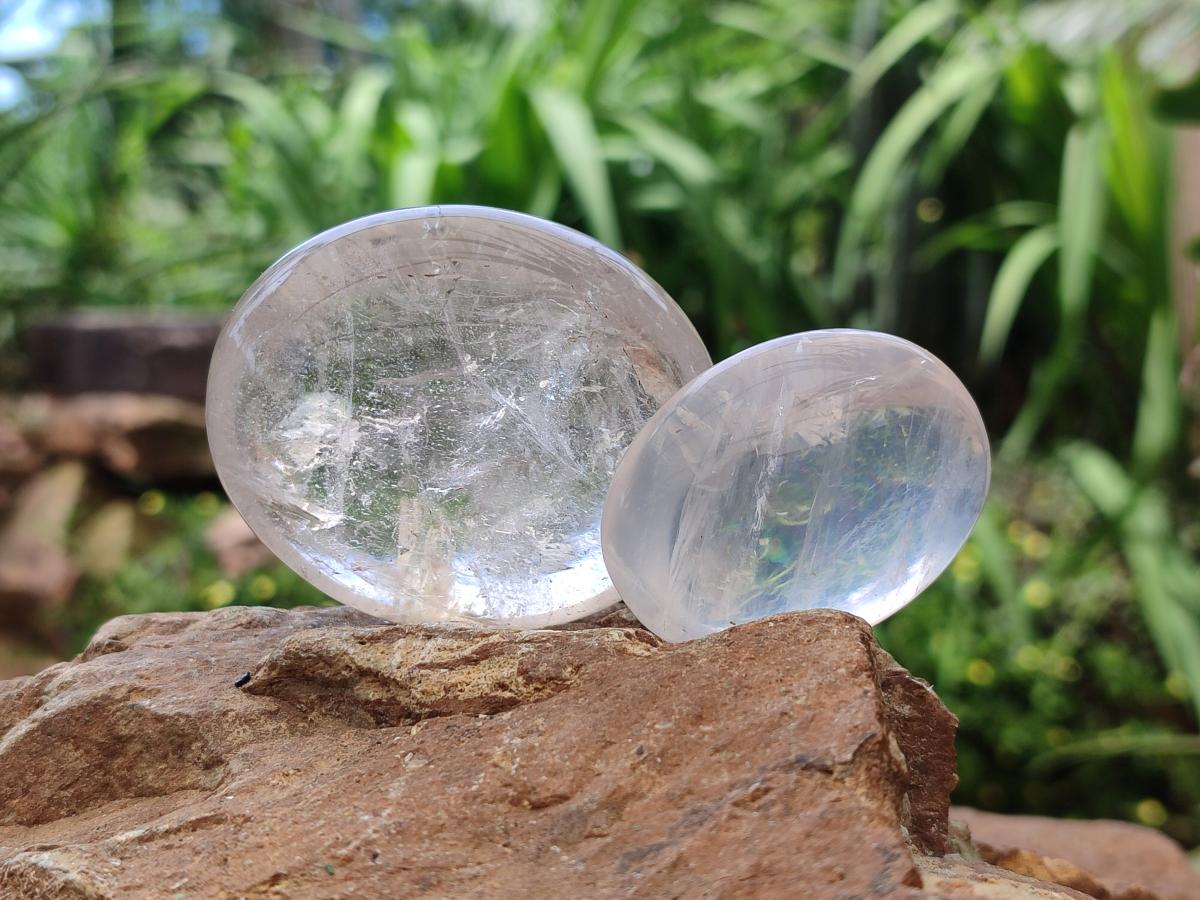 Polished Mix of Rock Crystal and Girasol Pearl Palm Stones x 15 From Ambatondrazaka Madagascar