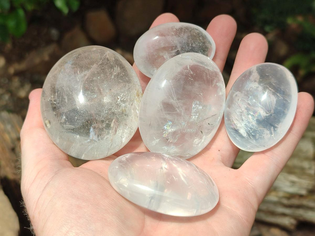 Polished Mix of Rock Crystal and Girasol Pearl Palm Stones x 15 From Ambatondrazaka Madagascar