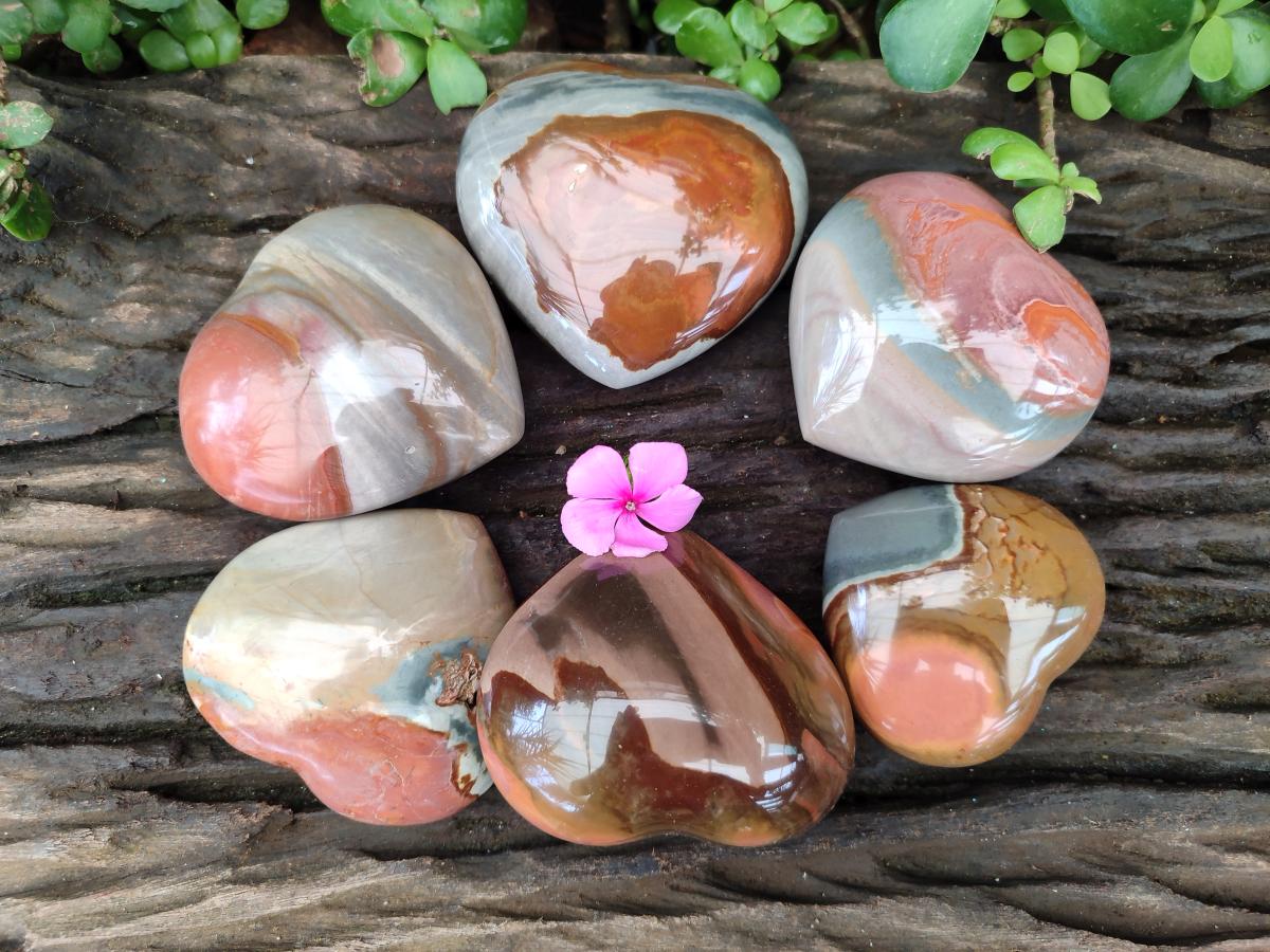 Polished Polychrome Jasper Hearts x 6 From NW Coast, Madagascar