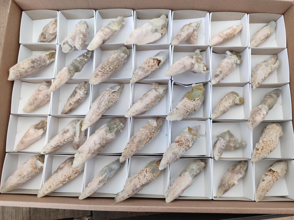 Natural Drusy Quartz Coated Spearhead Calcite Specimens x 35 From Albert's Mountain, Lesotho