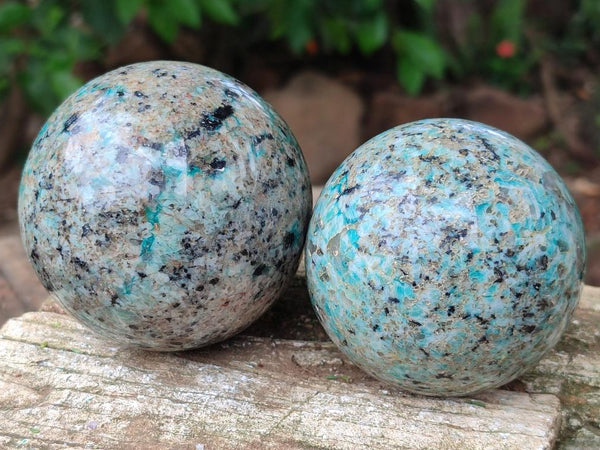Polished Amazonite and Schorl in Granite Spheres x 3 From Madagascar