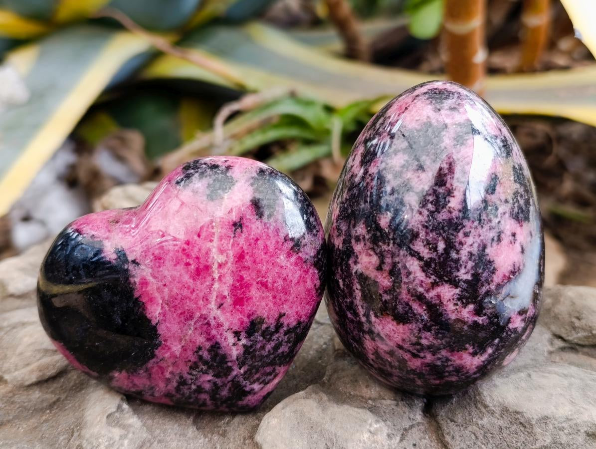 Polished Rhodonite Hearts and One Egg x 4 From Ambindavato, Madagascar