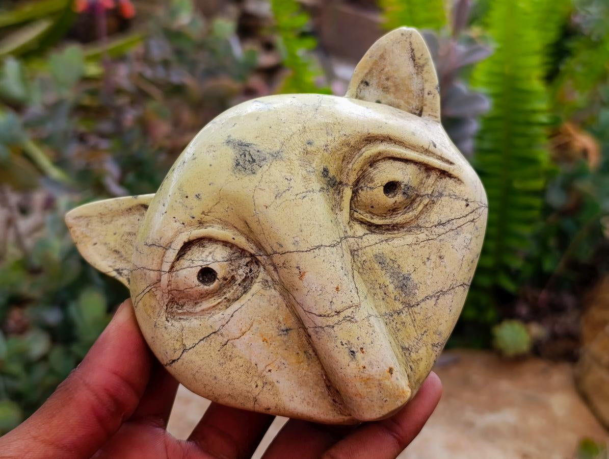 Hand Made Leopard Stone Cat Face Carvings x 3 From Zimbabwe