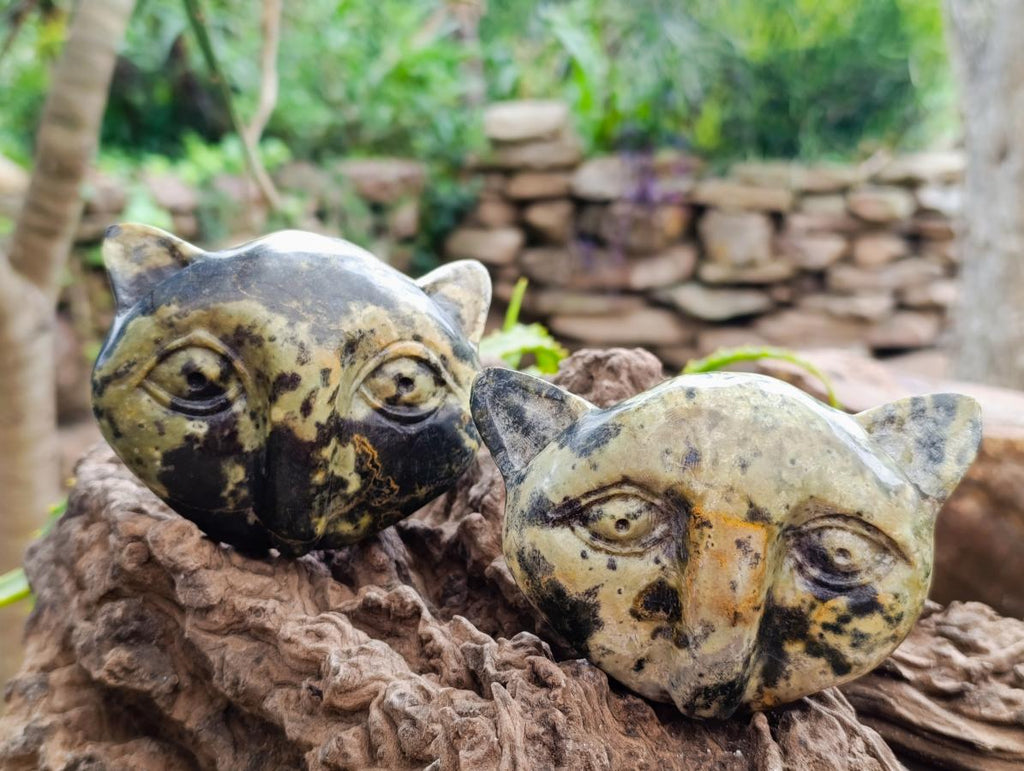 Hand Made Leopard Stone Cat Face Carvings x 3 From Zimbabwe