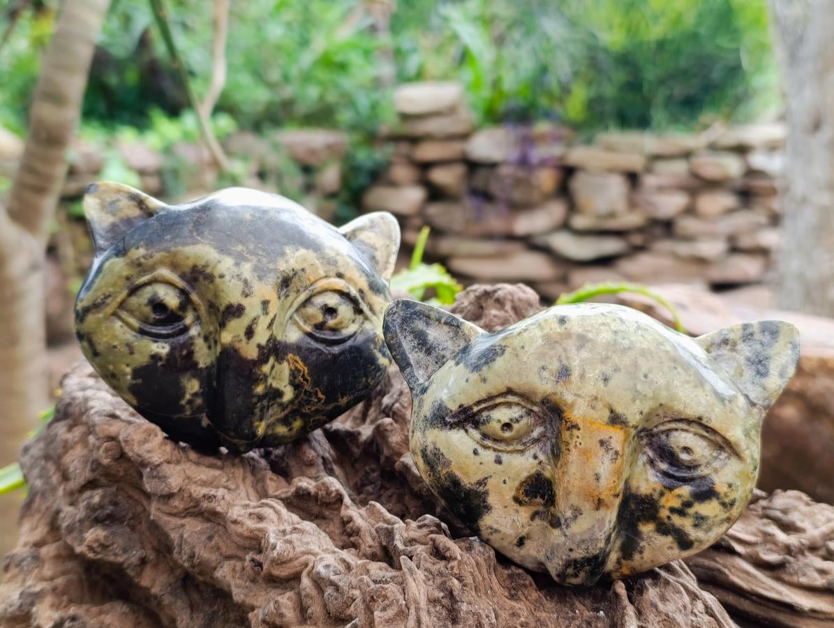 Hand Made Leopard Stone Cat Face Carvings x 3 From Zimbabwe