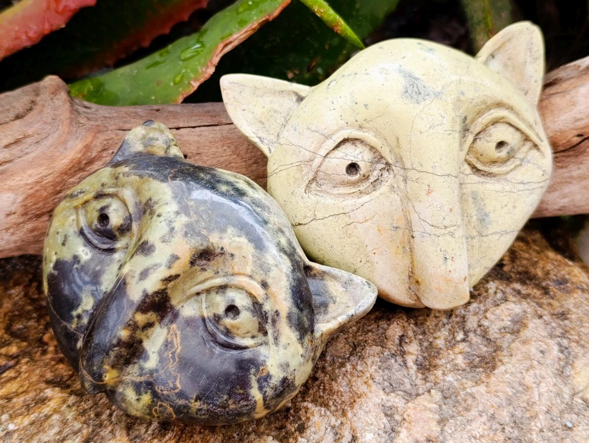 Hand Made Leopard Stone Cat Face Carvings x 3 From Zimbabwe