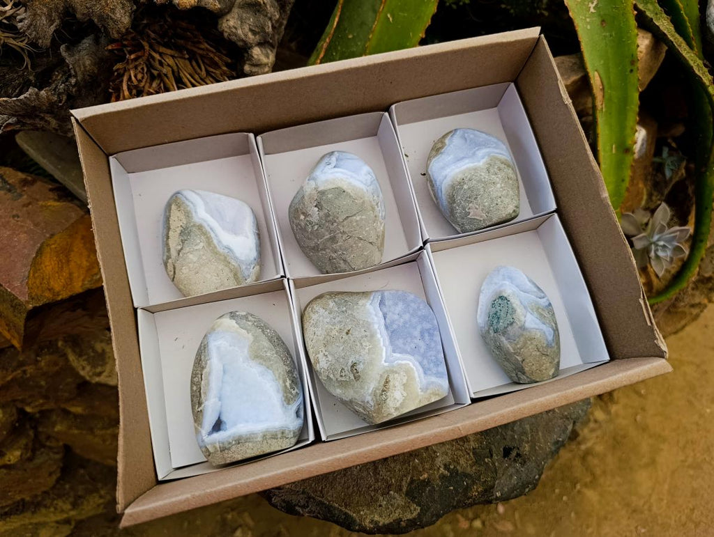 Polished Blue Lace Agate Standing Free Forms x 6 From Nsanje, Malawi