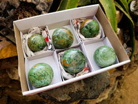 Polished Green Chrysoprase Spheres x 6 From Ambatondrazaka, Madagascar