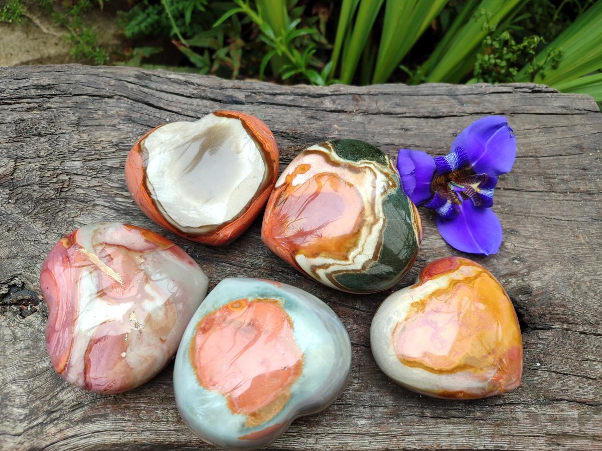 Polished Polychrome Jasper Hearts x 5 From NW Coast, Madagascar