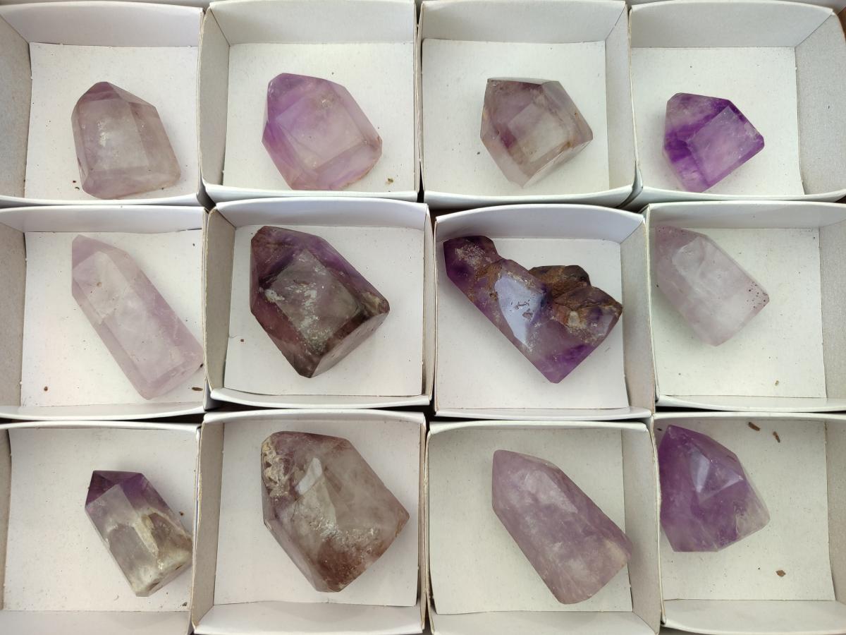 Polished Smokey Window Amethyst Crystals x 12 From Akansobe, Madagascar
