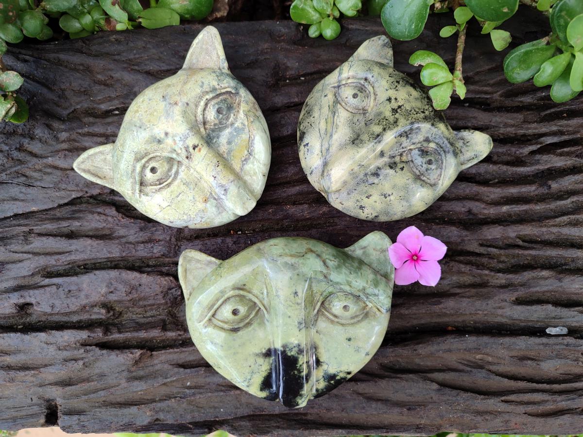 Hand Made Leopard Stone Cat Face Carvings x 3 From Zimbabwe