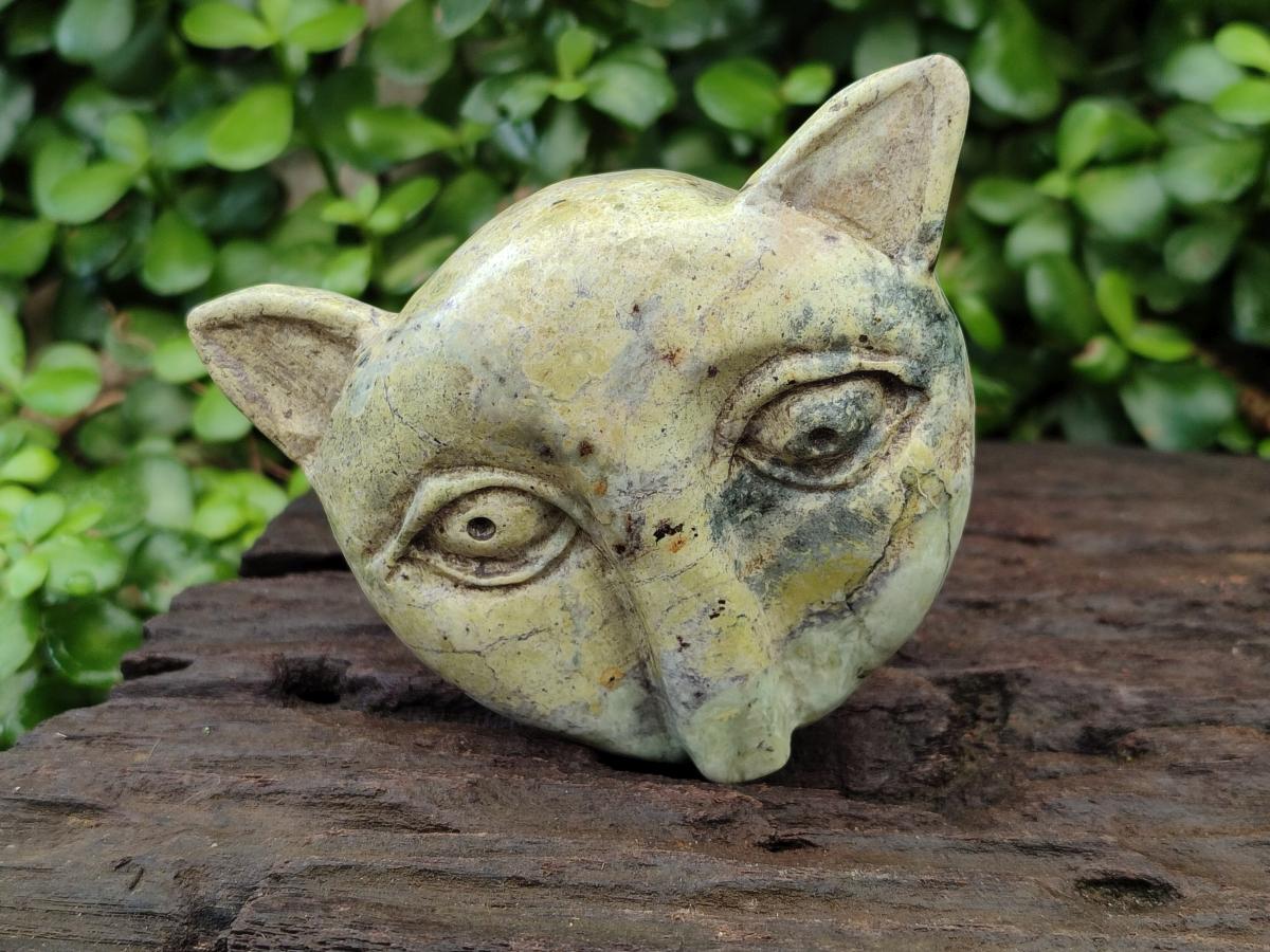 Hand Made Leopard Stone Cat Face Carvings x 3 From Zimbabwe