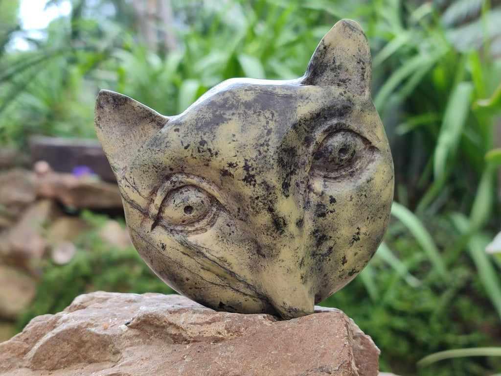 Hand Made Leopard Stone Cat Face Carvings x 3 From Zimbabwe