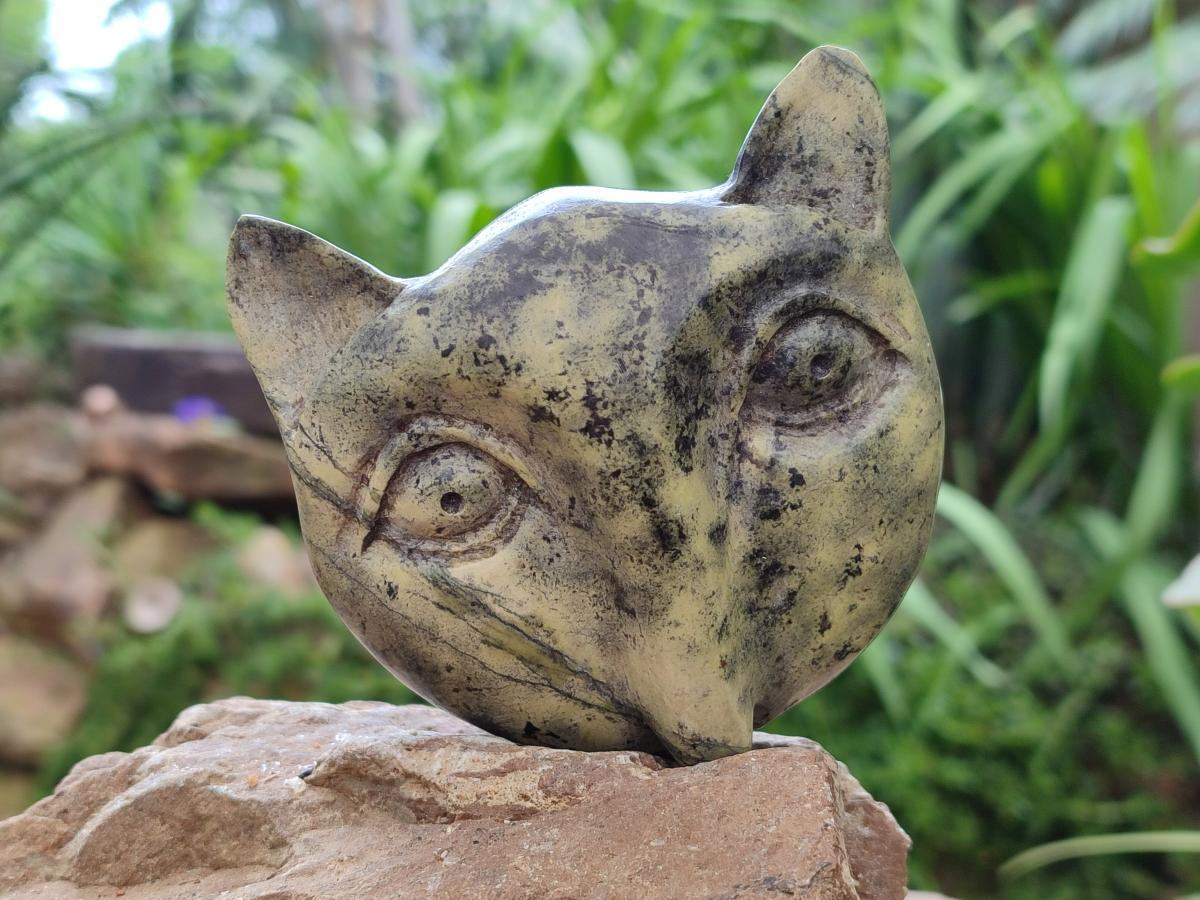 Hand Made Leopard Stone Cat Face Carvings x 3 From Zimbabwe