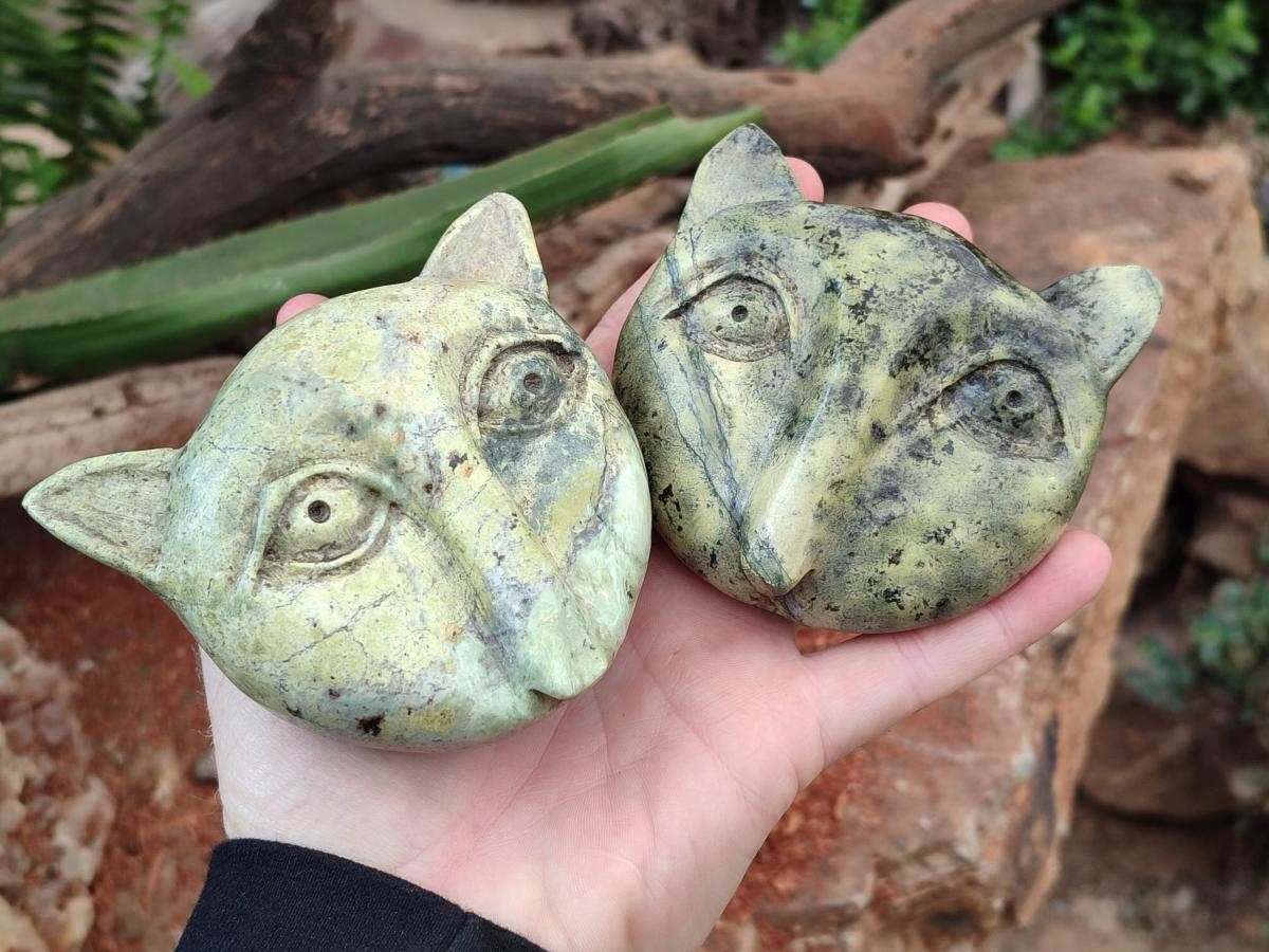 Hand Made Leopard Stone Cat Face Carvings x 3 From Zimbabwe