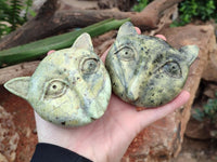 Hand Made Leopard Stone Cat Face Carvings x 3 From Zimbabwe