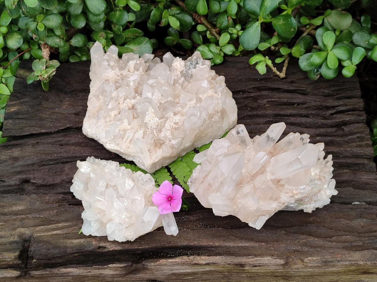 Natural Mixed Clear and Milky Quartz Clusters x 3 From Madagascar
