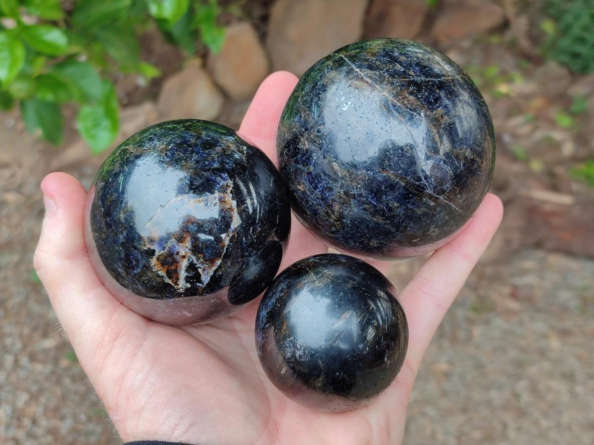 Polished Blue Iolite Water Sapphire Spheres x 3 From Madagascar - Toprock Gemstones and Minerals 