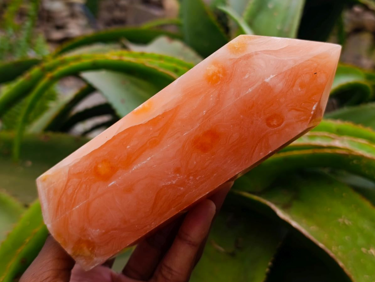 Polished Orange Twist Calcite Points x 2 From Maevantanana, Madagascar