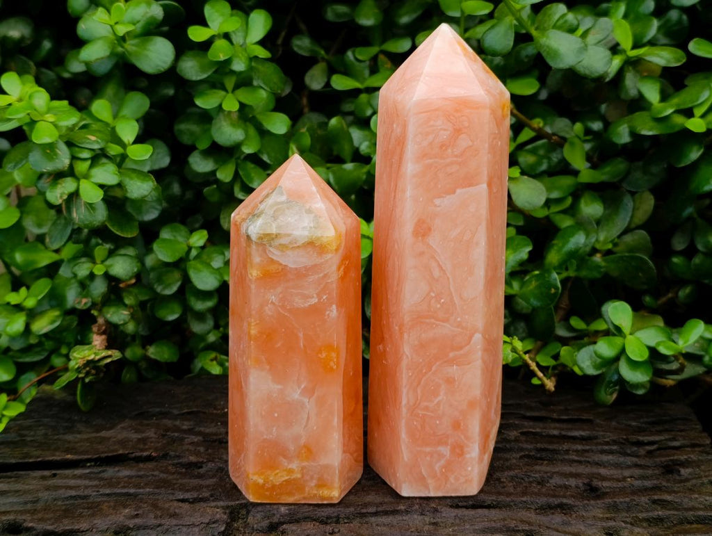 Polished Orange Twist Calcite Points x 2 From Maevantanana, Madagascar