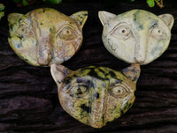 Hand Made Leopard Stone Cat Face Carvings x 3 From Zimbabwe
