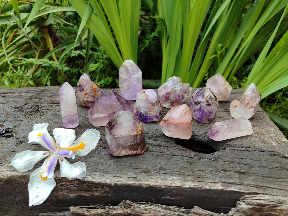 Polished Smokey Amethyst Window Quartz Crystals x 12 From Akansobe, Madagascar