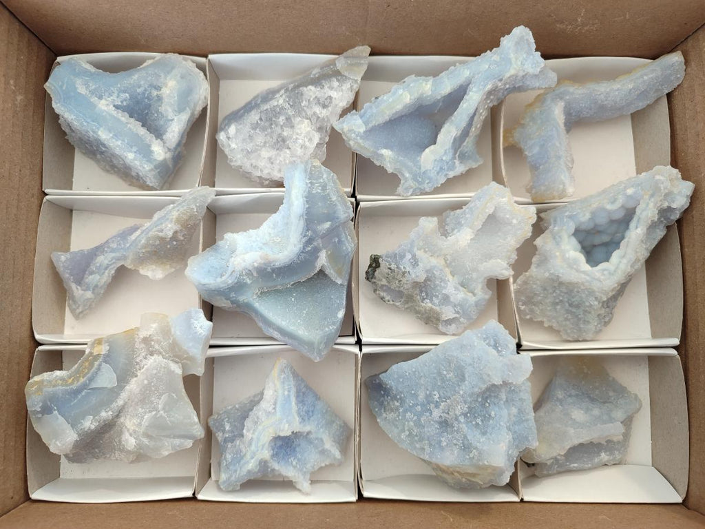 Natural Etched Blue Chalcedony Geode Specimens x 12 From Nsanje, Malawi