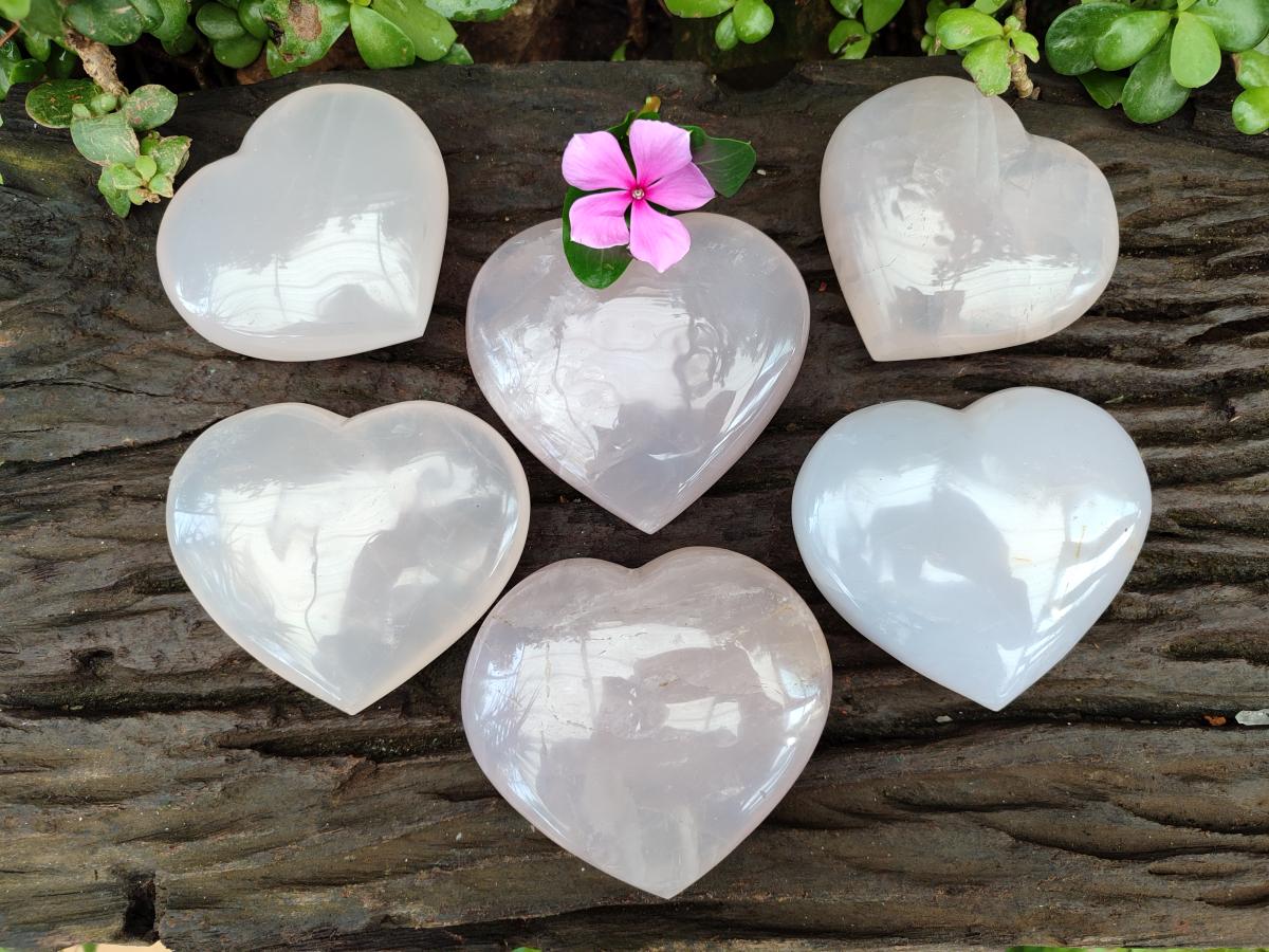 Polished Star Rose Quartz Hearts x 6 From Madagascar