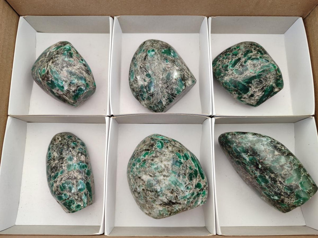 Polished Emerald Mica 'Mutokolite' Standing Free Forms x 6 From Mutoko, Zimbabwe