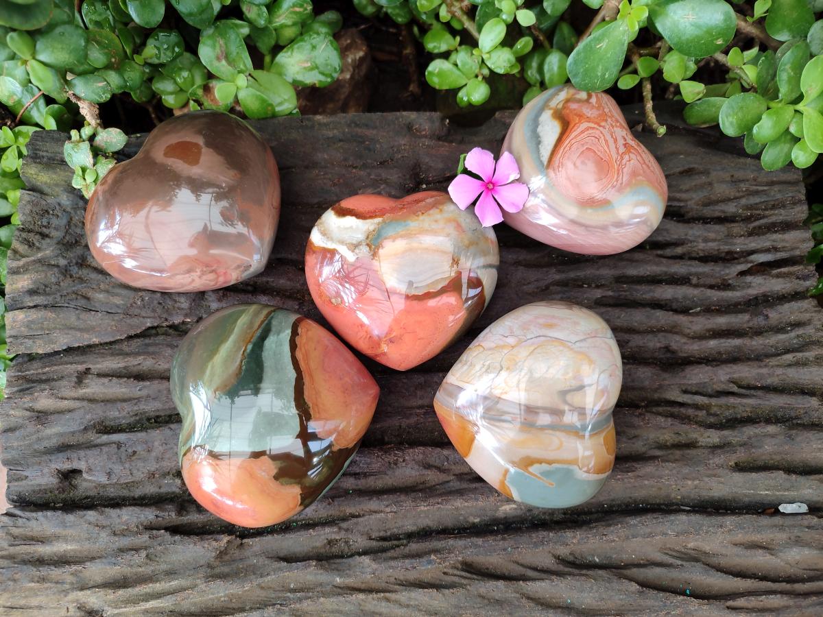 Polished Polychrome Jasper Hearts x 5 From NW Coast, Madagascar