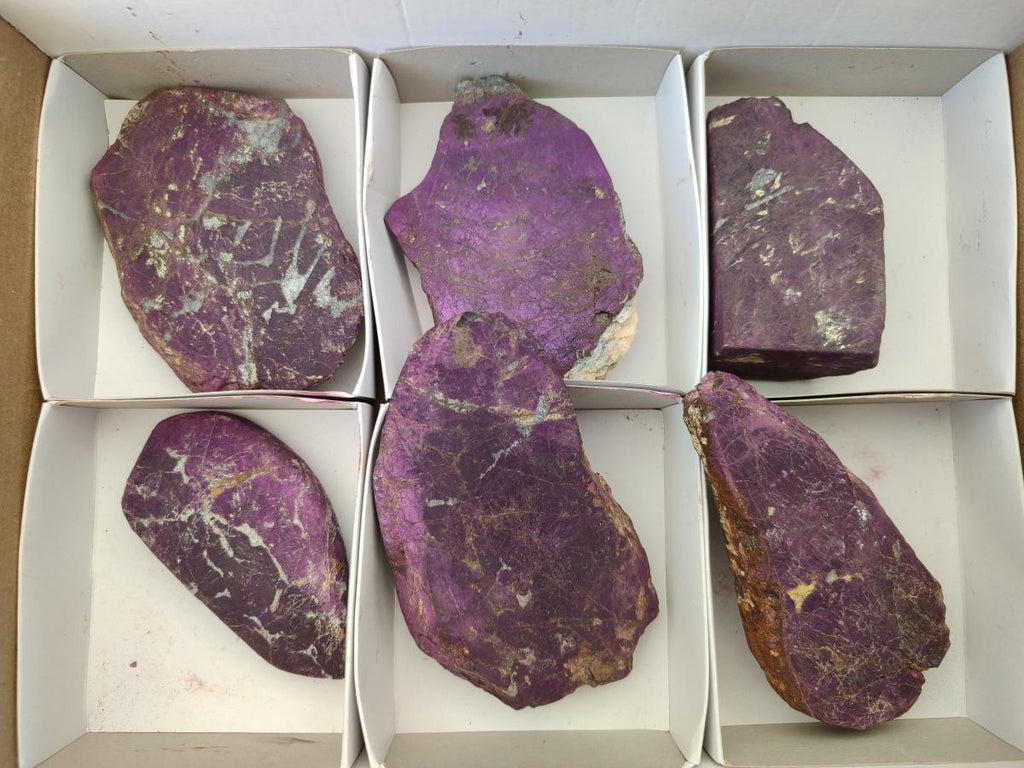 Polished On One Side Metallic Purpurite Slices x 6 From Namibia