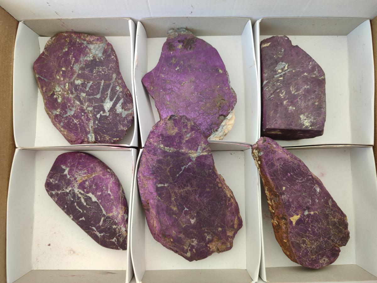 Polished On One Side Metallic Purpurite Slices x 6 From Namibia