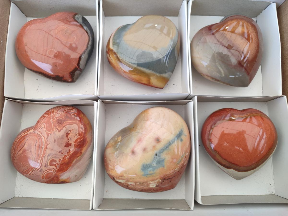 Polished Polychrome Jasper Hearts x 6 From NW Coast, Madagascar